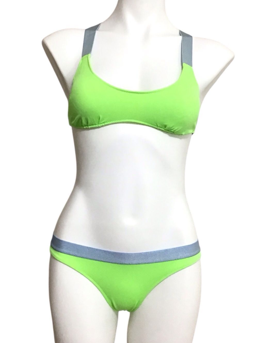 Victoria’s Secret Neon Lime Bikini Set with Blue Straps and Trim Good Size Small